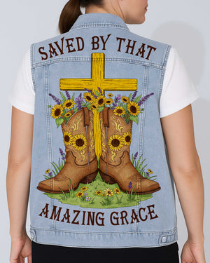 Saved By That Amazing Grace Sleeveless Denim Jacket