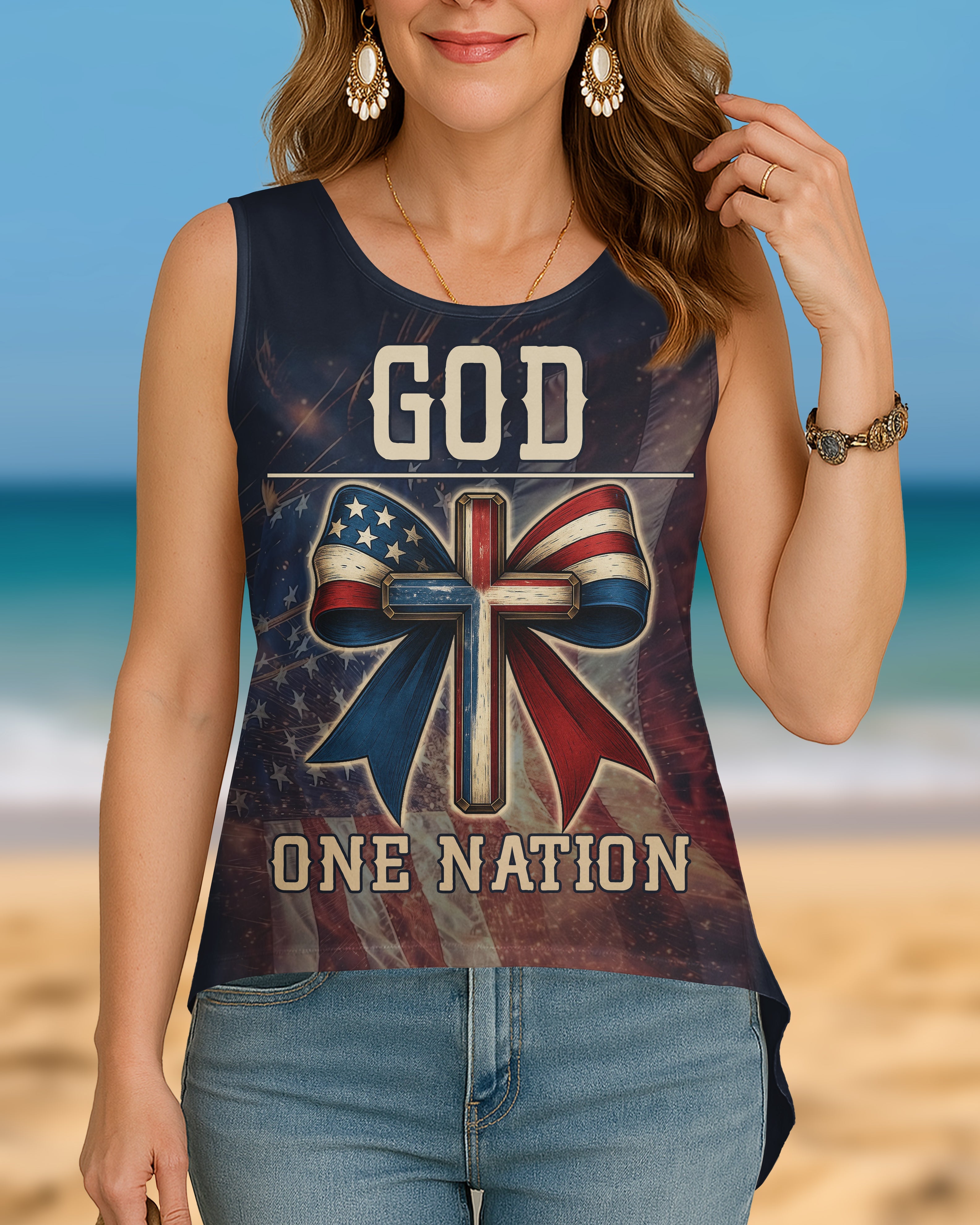 One Nation Under God Cut Out Wrap Back Tank Top