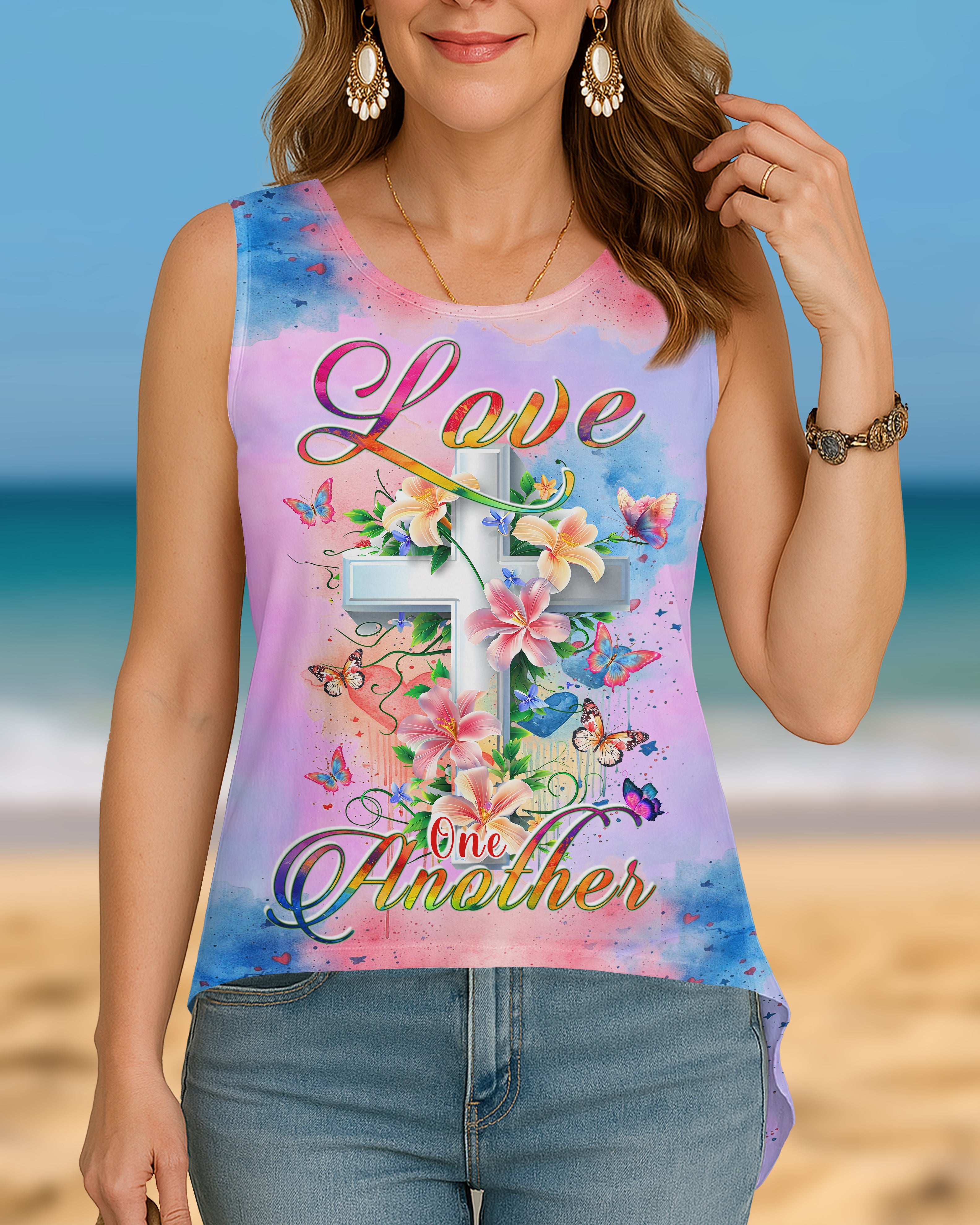 Love One Another All Over Print Cut Out Wrap Back Tank Top