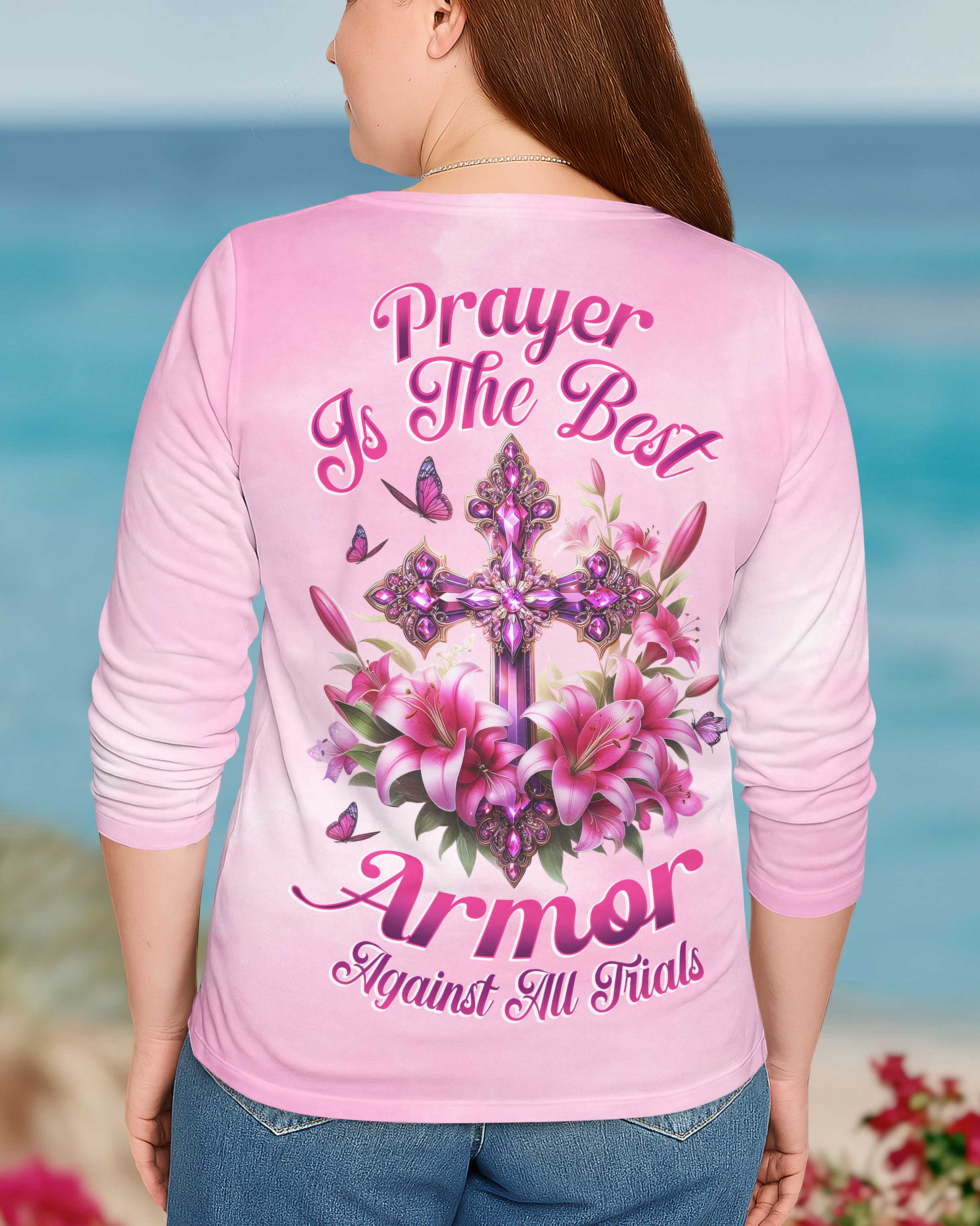 Prayer Is The Best Armor Against All Trials All Over Print V-neck Long Sleeves Shirt