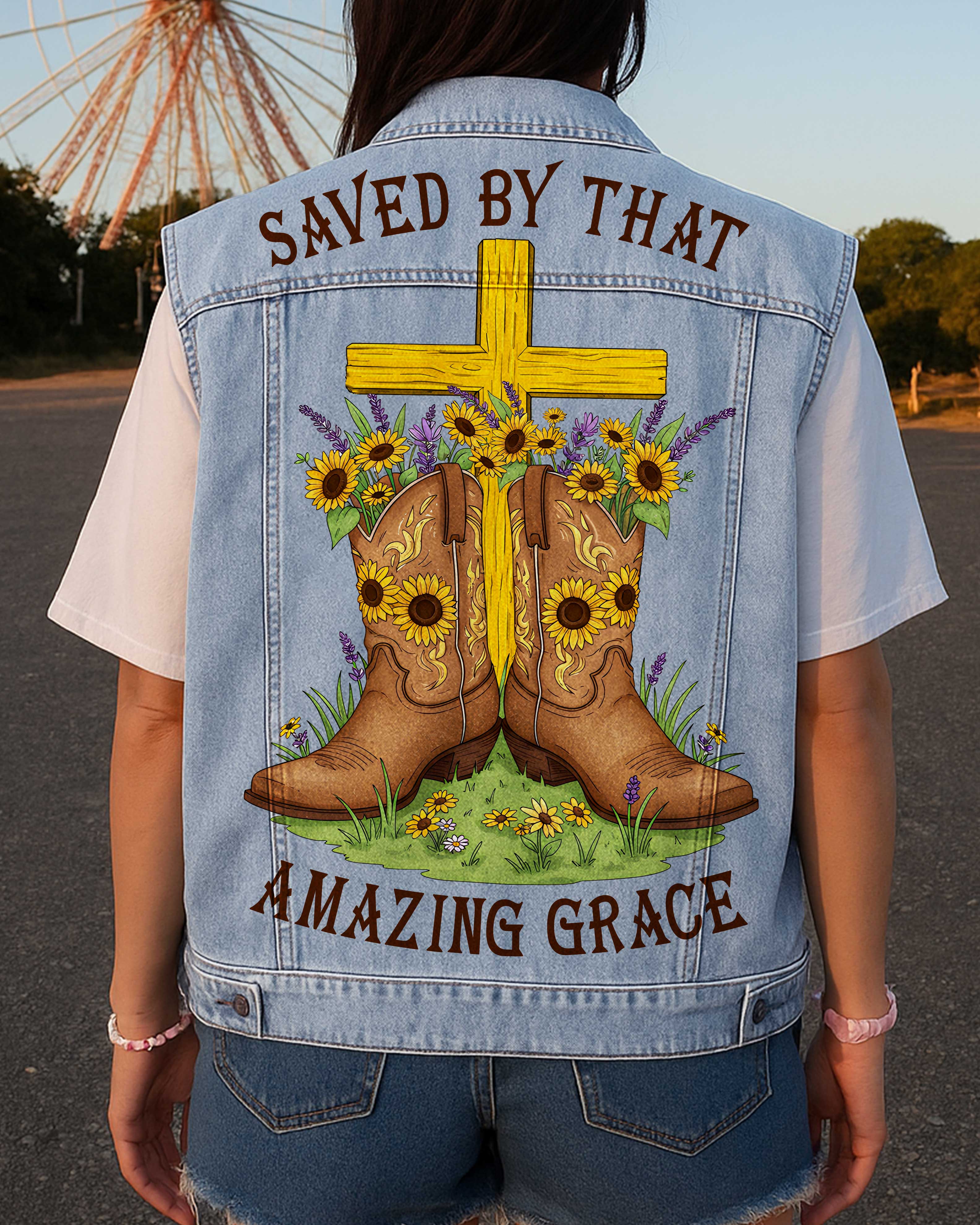 Saved By That Amazing Grace Sleeveless Denim Jacket