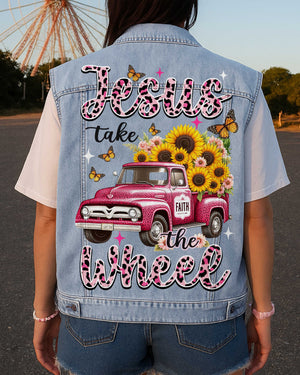 Jesus Take The Wheel Sleeveless Denim Jacket