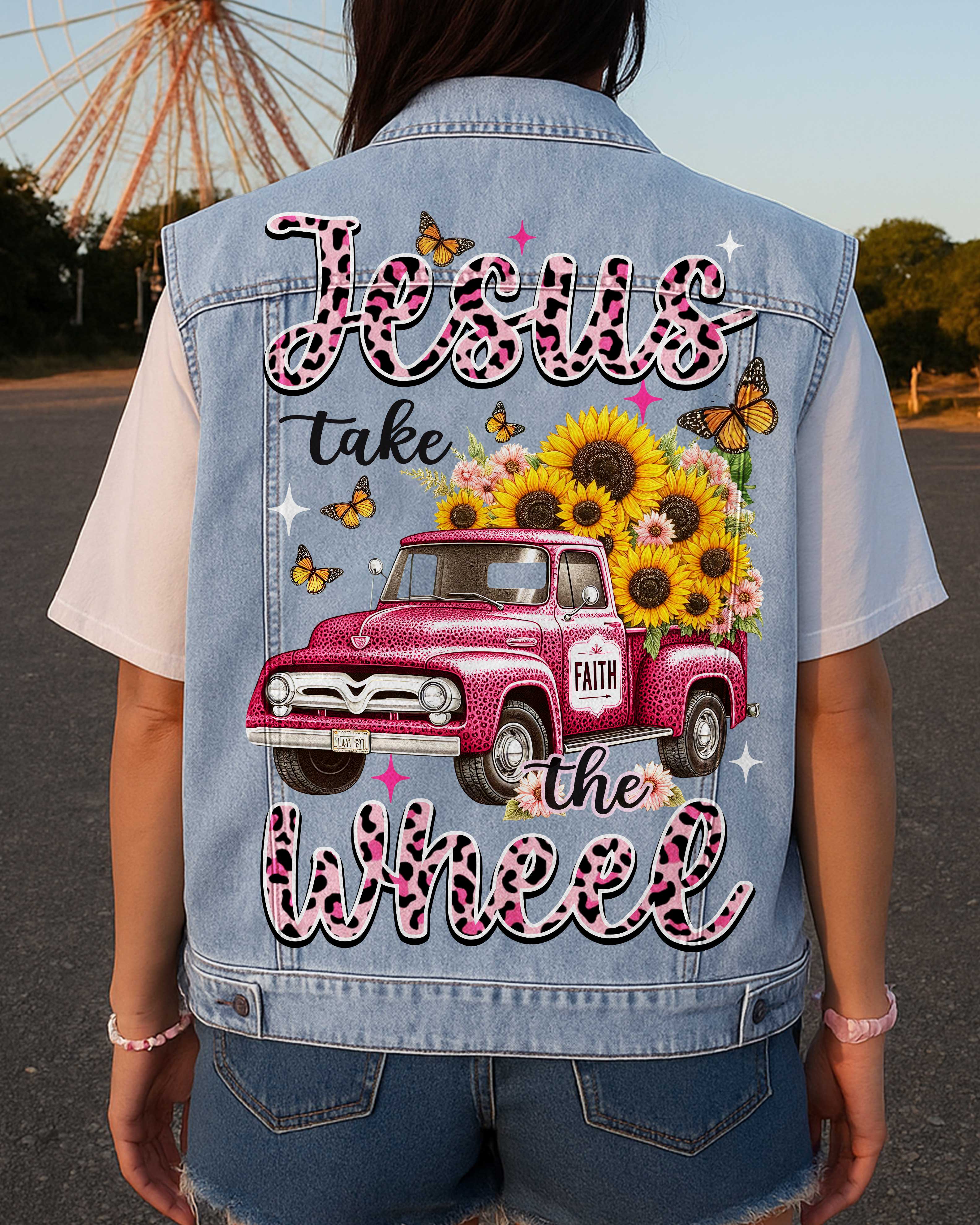 Jesus Take The Wheel Sleeveless Denim Jacket