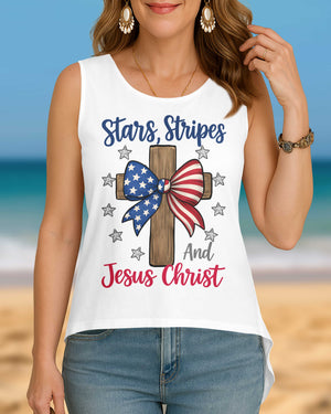Stars, Stripes and Jesus Christ Cut Out Wrap Back Tank Top