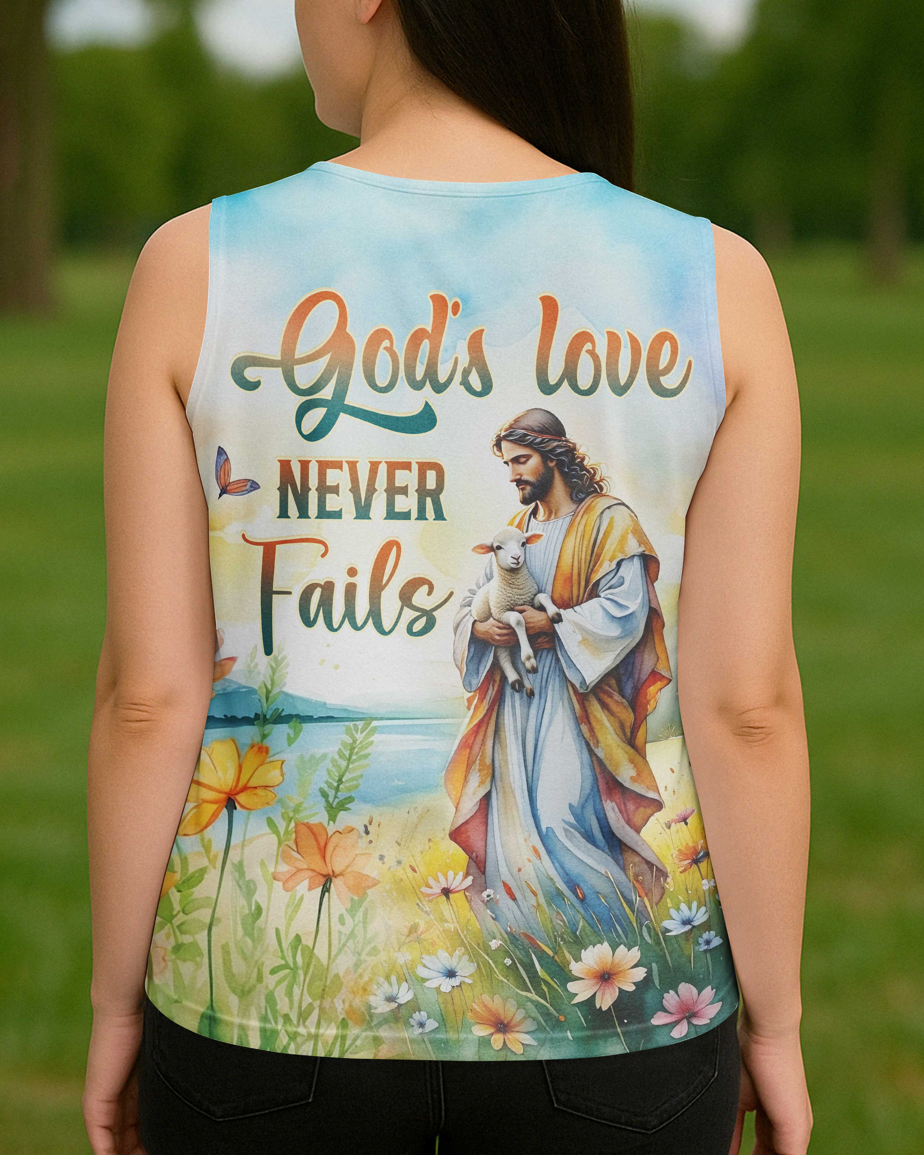 God's Love Never Fails All Over Print V-neck Tank Top