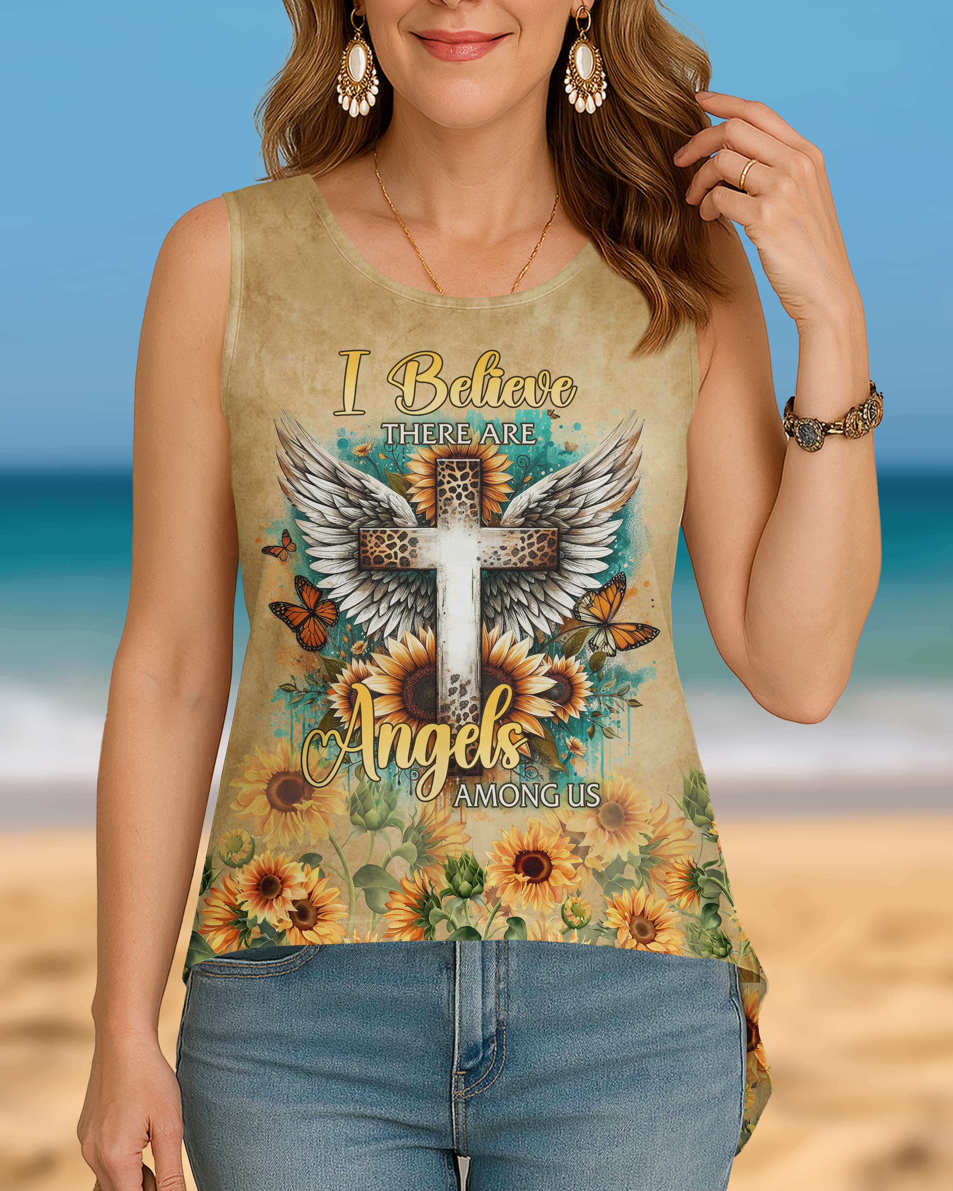 I Believe There Are Angels Among Us All Over Print Cut Out Wrap Back Tank Top