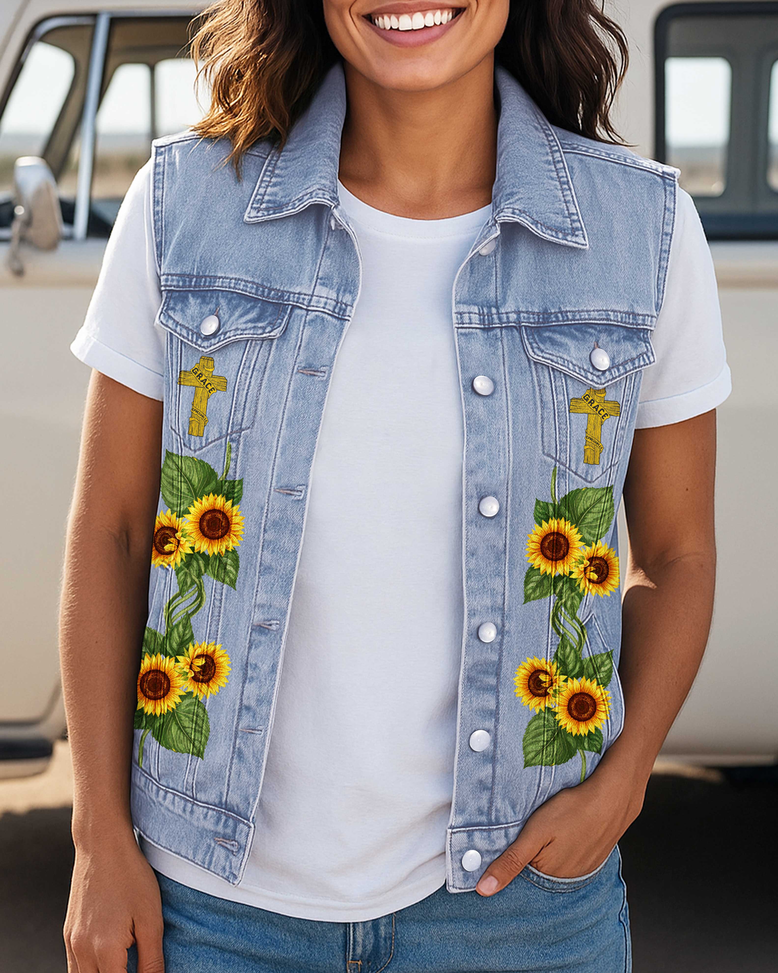 Saved By That Amazing Grace Sleeveless Denim Jacket