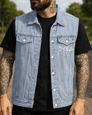 Even Jesus Has A Fishing Story Sleeveless Denim Jacket