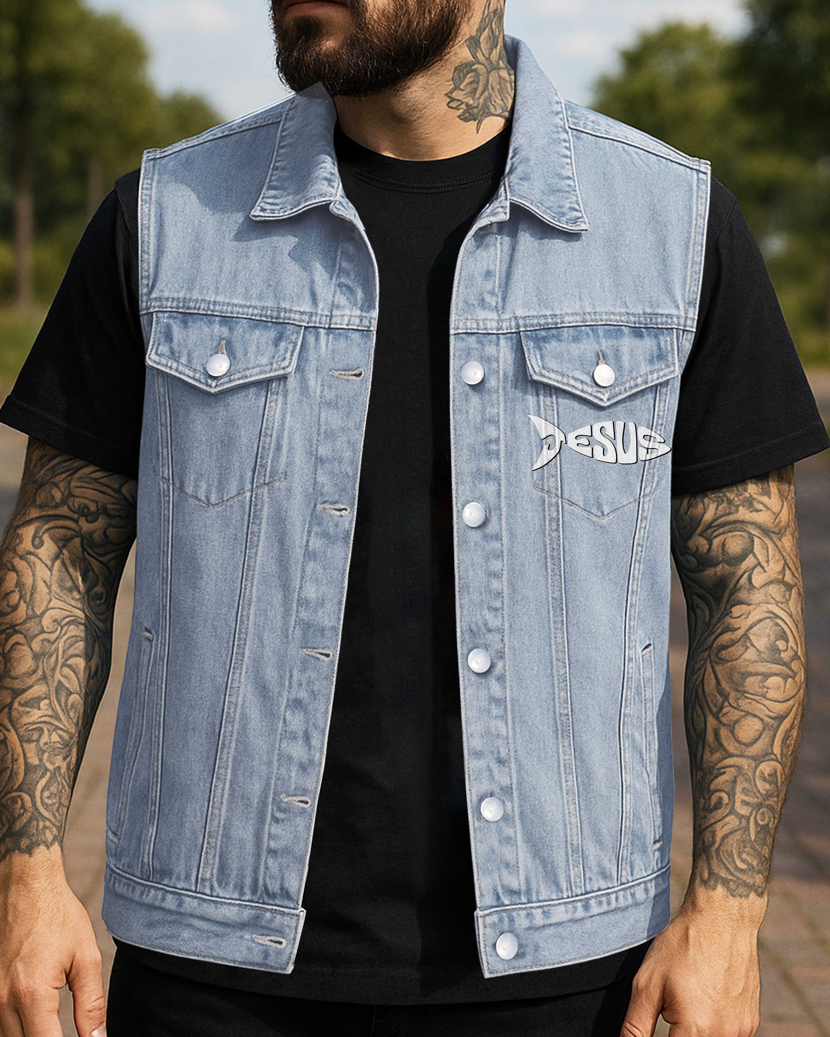 Even Jesus Has A Fishing Story Sleeveless Denim Jacket
