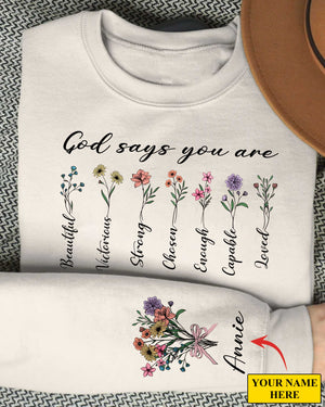 God Says You Are Sweatshirt, Custom Name Bible Verse, Floral Christian Gift, Personalized Bible Sweater