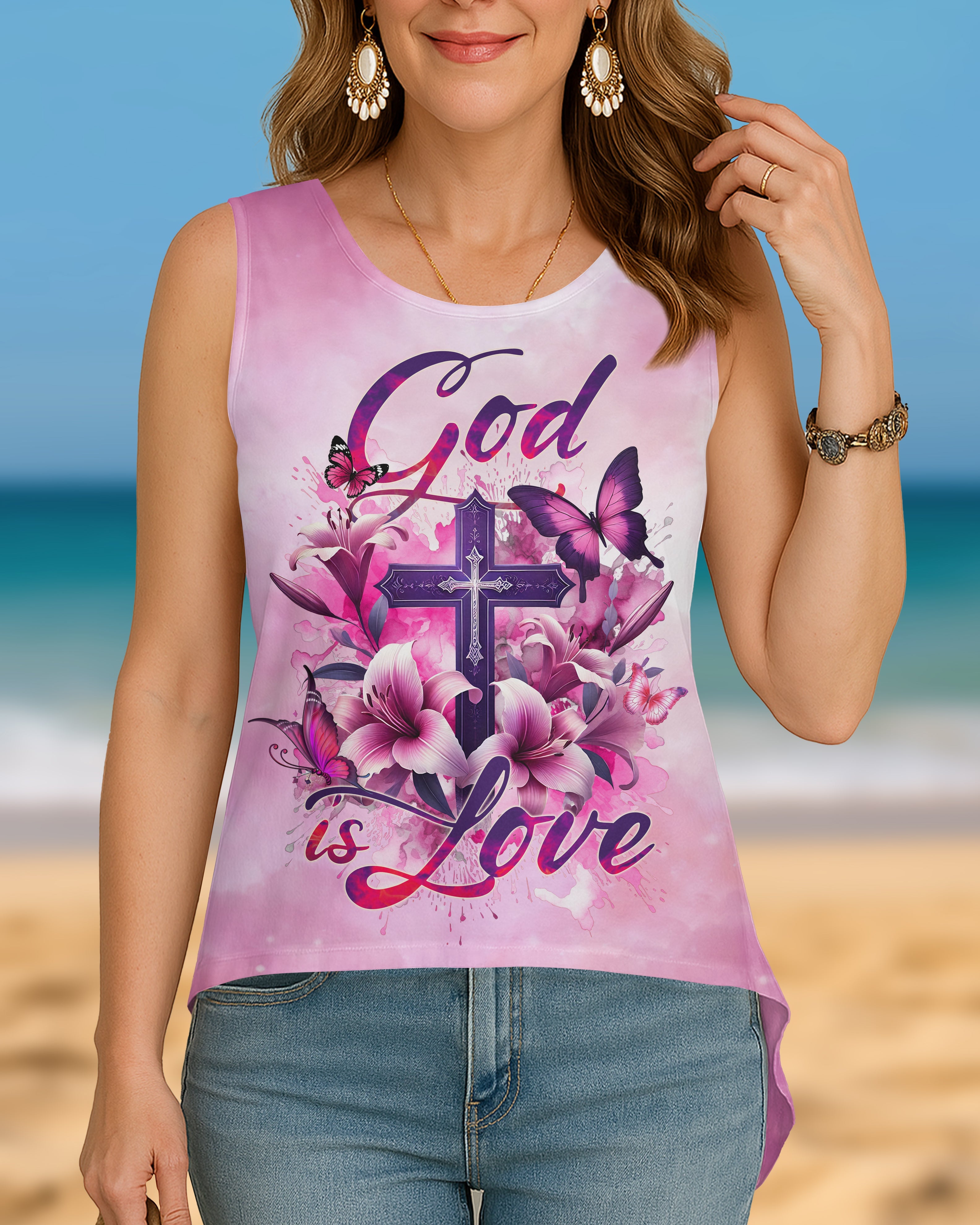 God Is Love All Over Print Cut Out Wrap Back Tank Top