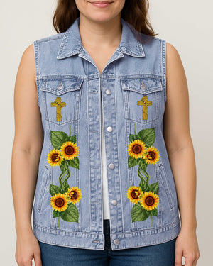 Saved By That Amazing Grace Sleeveless Denim Jacket