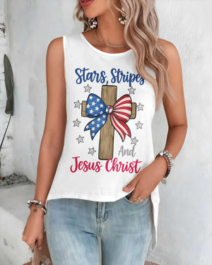 Stars, Stripes and Jesus Christ Cut Out Wrap Back Tank Top