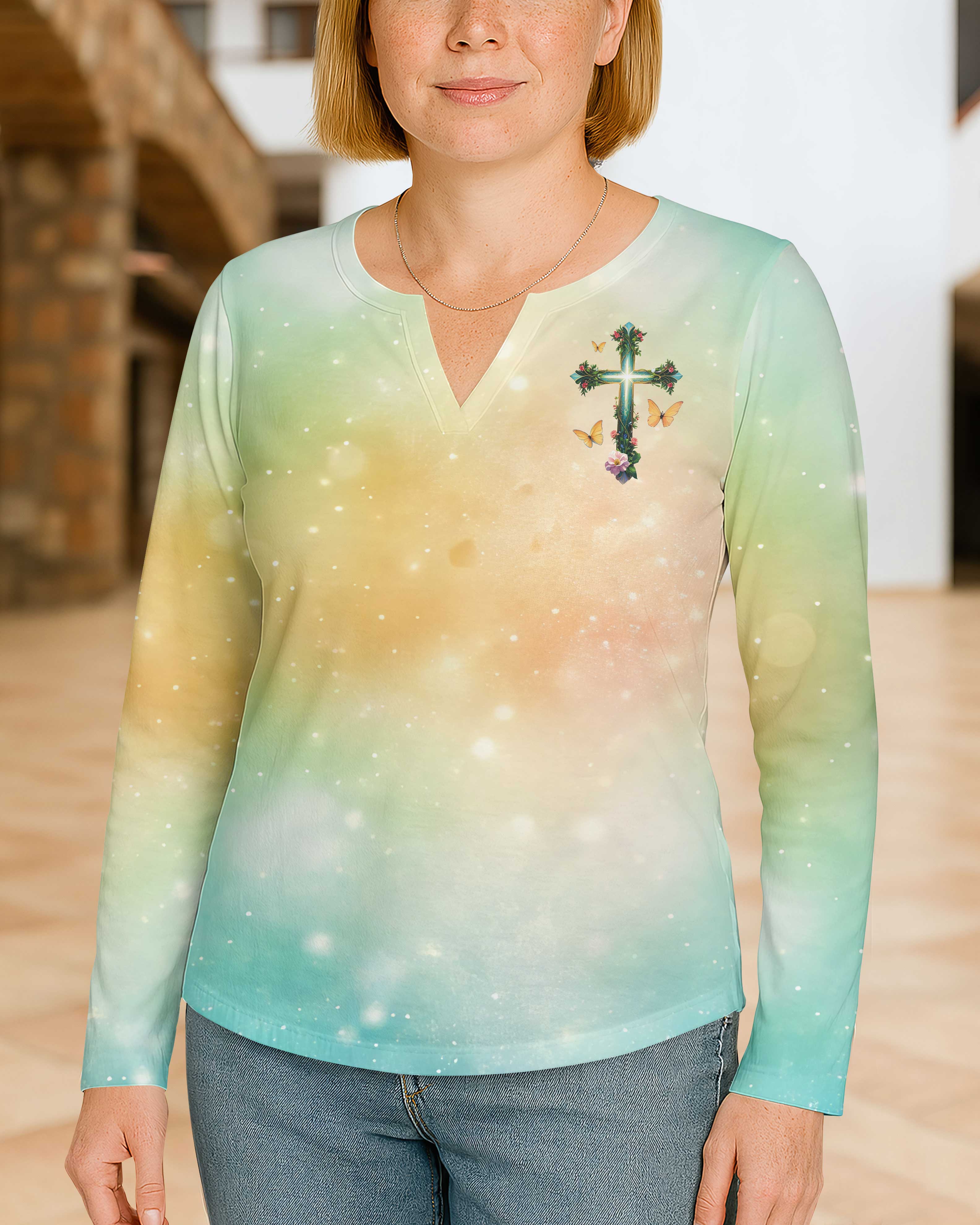 Nothing Can Separate Me From His Love All Over Print V-neck Long Sleeves Shirt