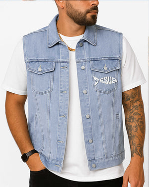 Even Jesus Has A Fishing Story Sleeveless Denim Jacket