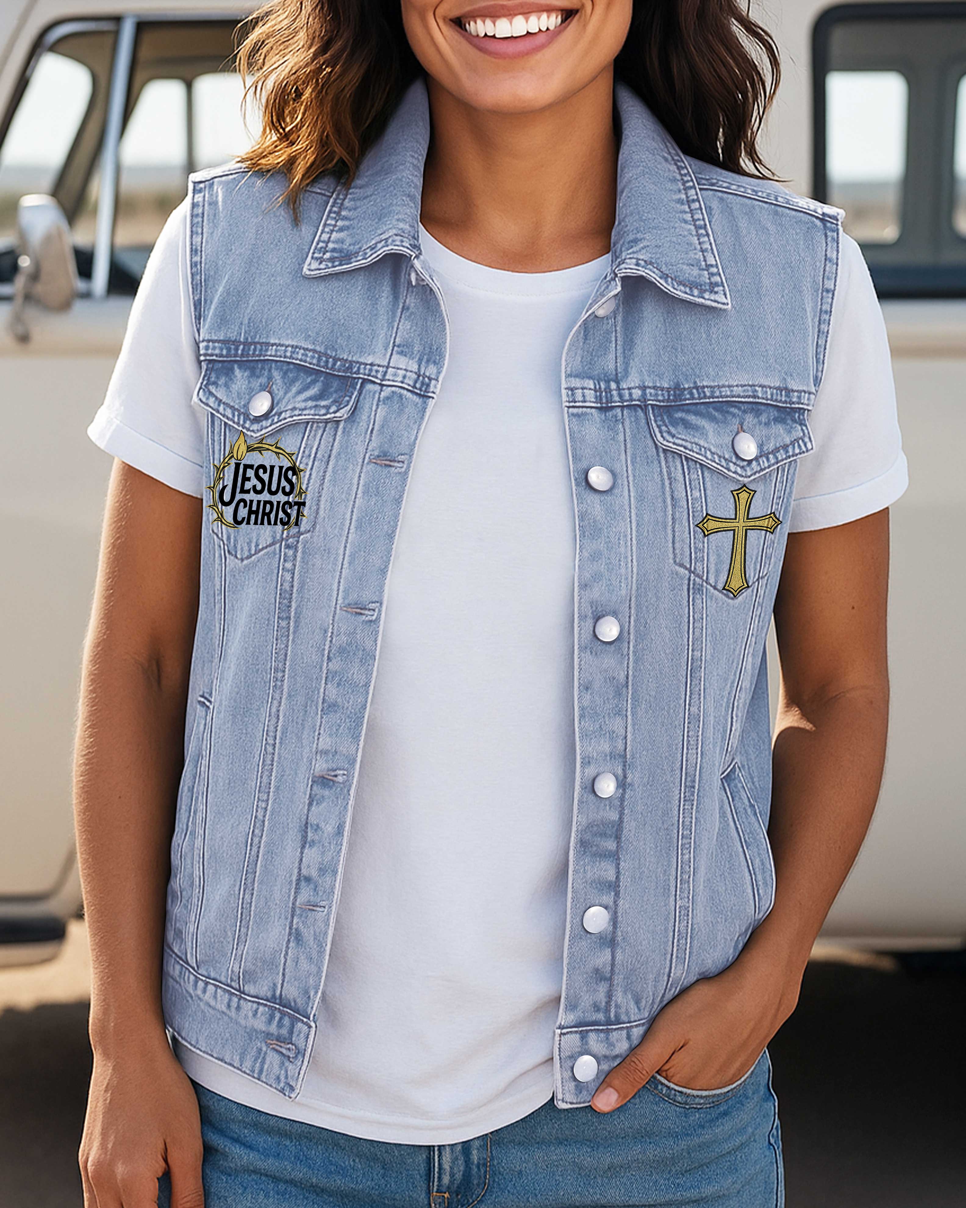 Jesus Christ Is The Same Yesterday Today And Forever Sleeveless Denim Jacket