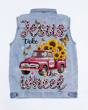 Jesus Take The Wheel Sleeveless Denim Jacket