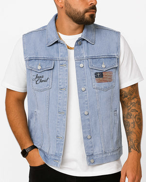 Normal Isn't Coming Back Jesus is Sleeveless Denim Jacket