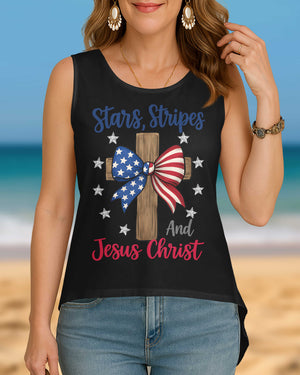 Stars, Stripes and Jesus Christ Cut Out Wrap Back Tank Top