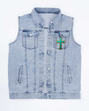 God Answers Prayer Sleeveless Denim Jacket
