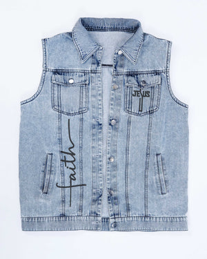 As Long As I Have Breath, I Will Pray Sleeveless Denim Jacket
