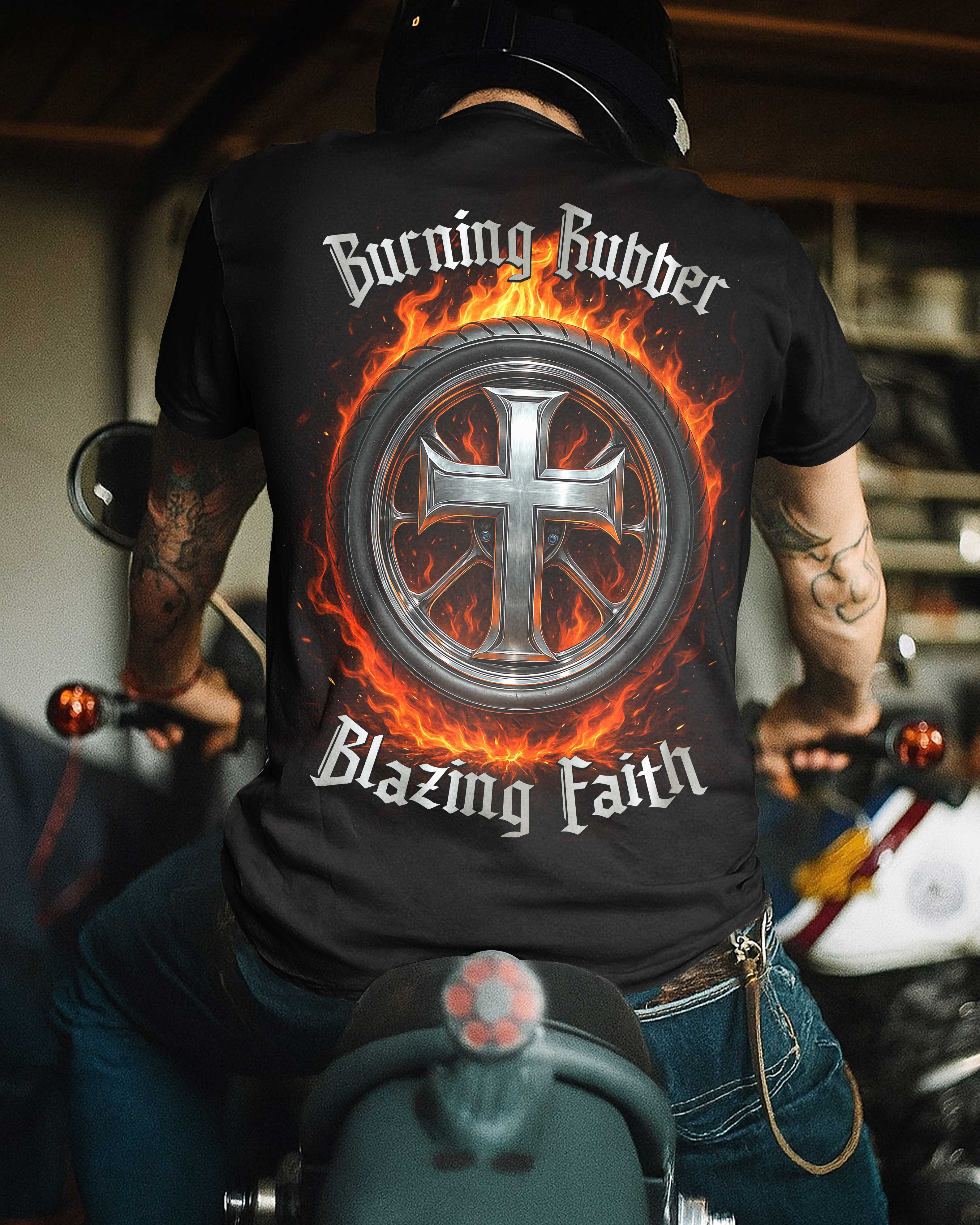 Burning Rubber Blazing Faith All Over Print T-Shirt