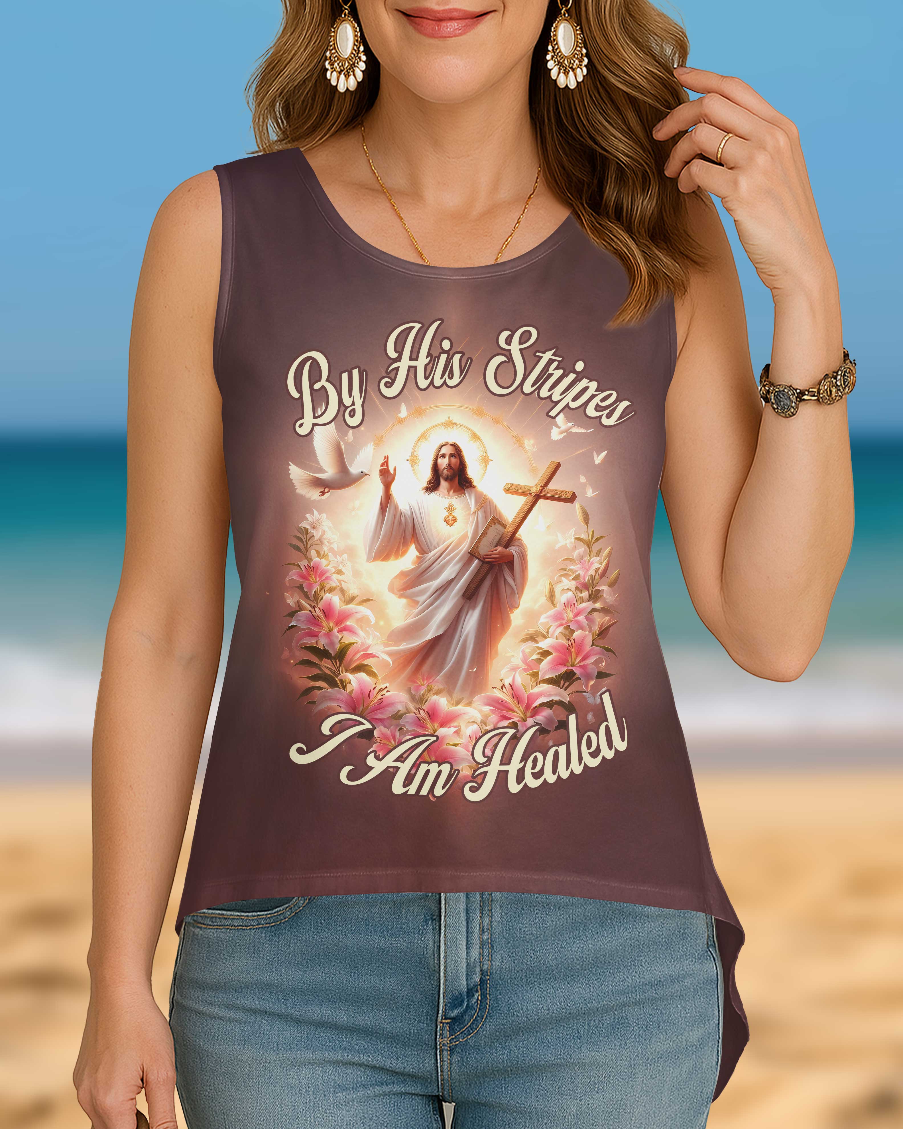 By His Stripes I Am Healed All Over Print Cut Out Wrap Back Tank Top