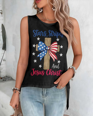 Stars, Stripes and Jesus Christ Cut Out Wrap Back Tank Top