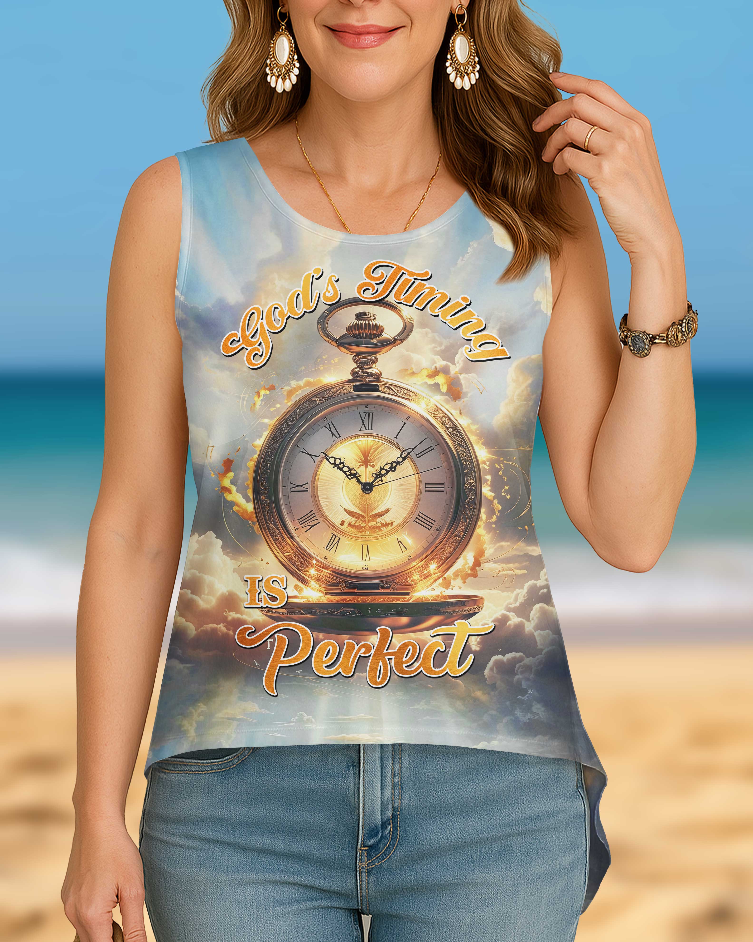 God's Timing Is Perfect All Over Print Cut Out Wrap Back Tank Top
