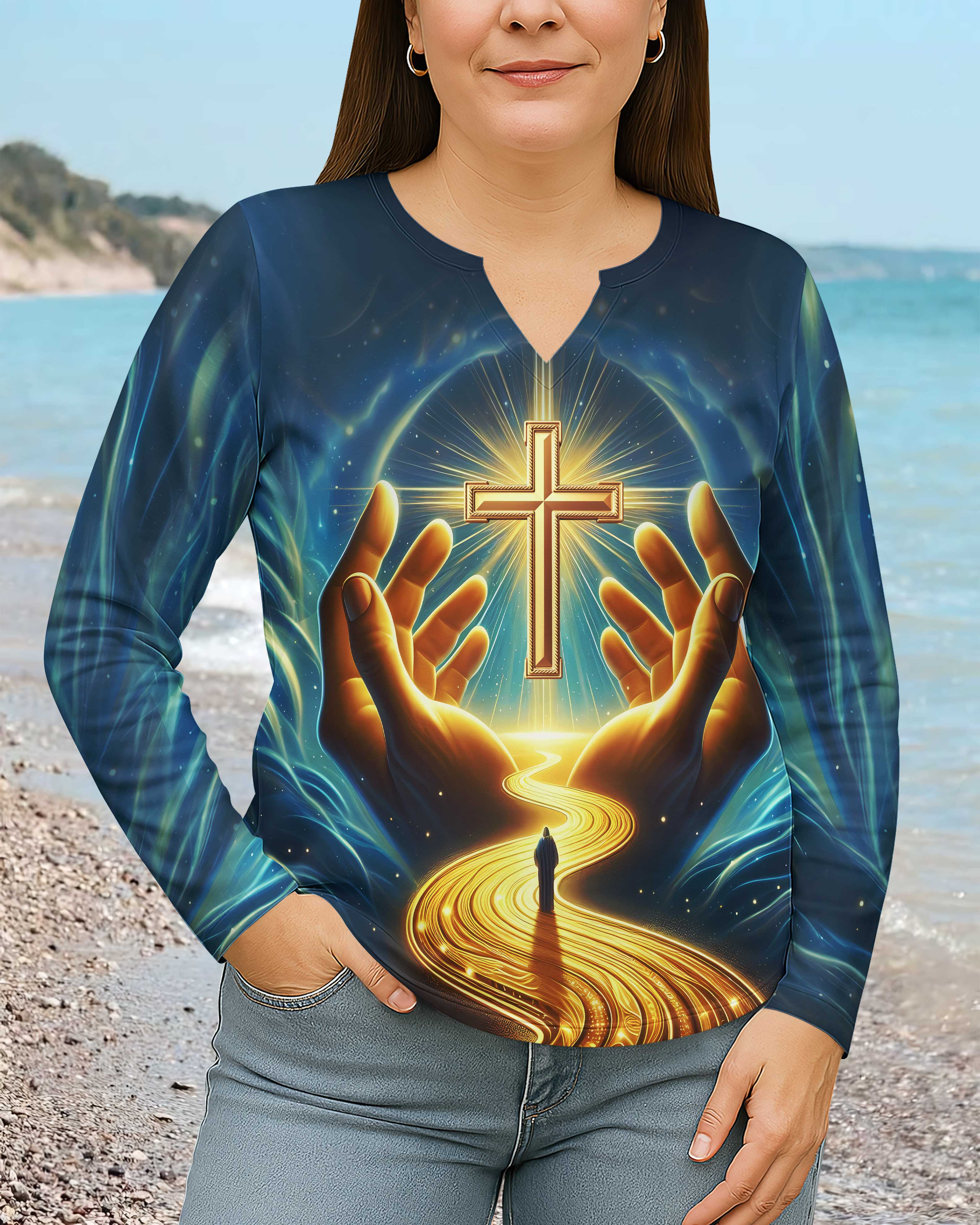 Commit Your Way To The Lord Trust In Him All Over Print V-neck Long Sleeves Shirt