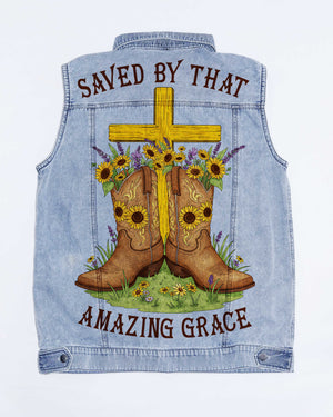 Saved By That Amazing Grace Sleeveless Denim Jacket