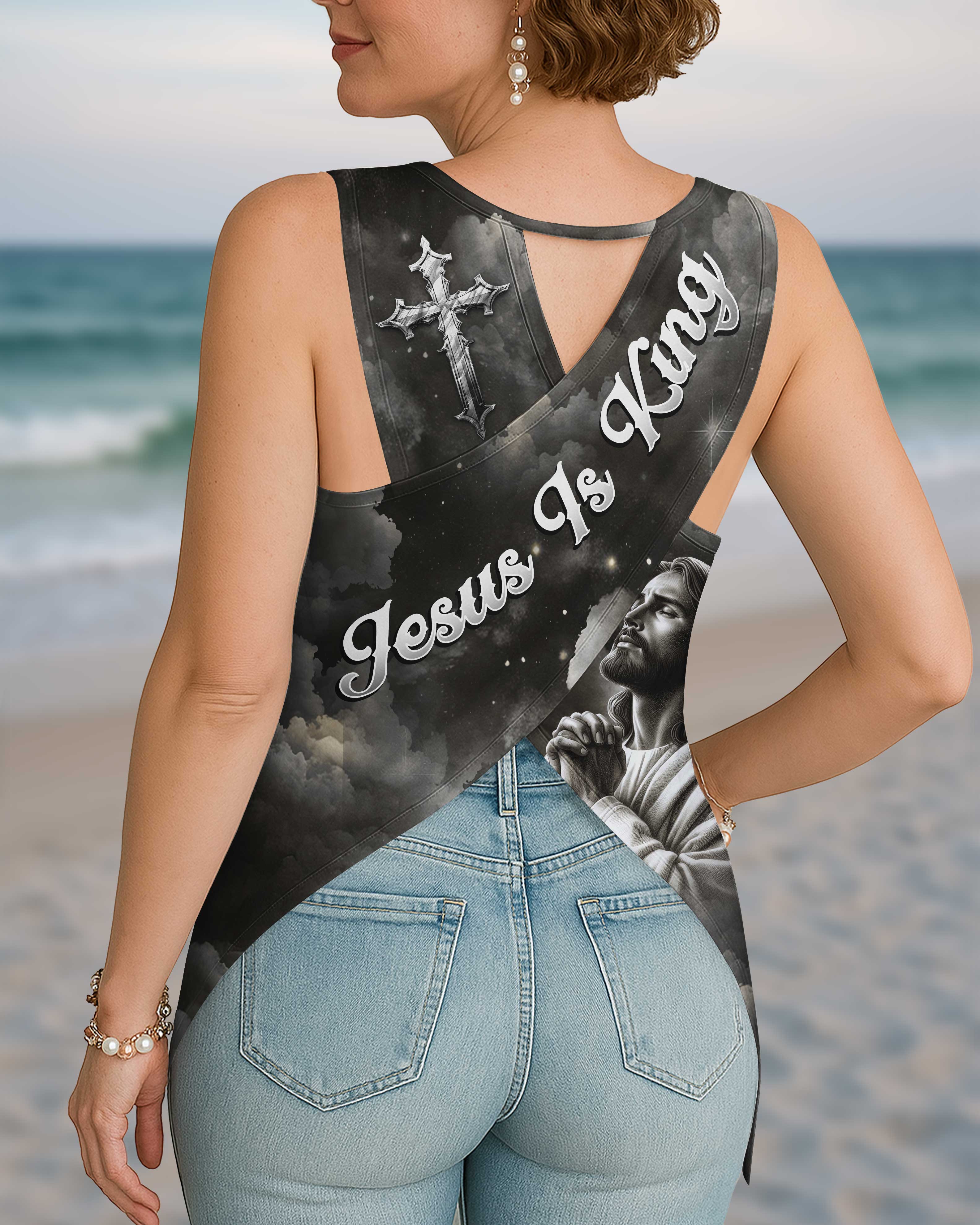 Faith Moves Mountains All Over Print Cut Out Wrap Back Tank Top