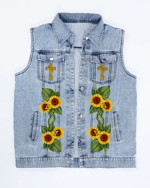 Saved By That Amazing Grace Sleeveless Denim Jacket