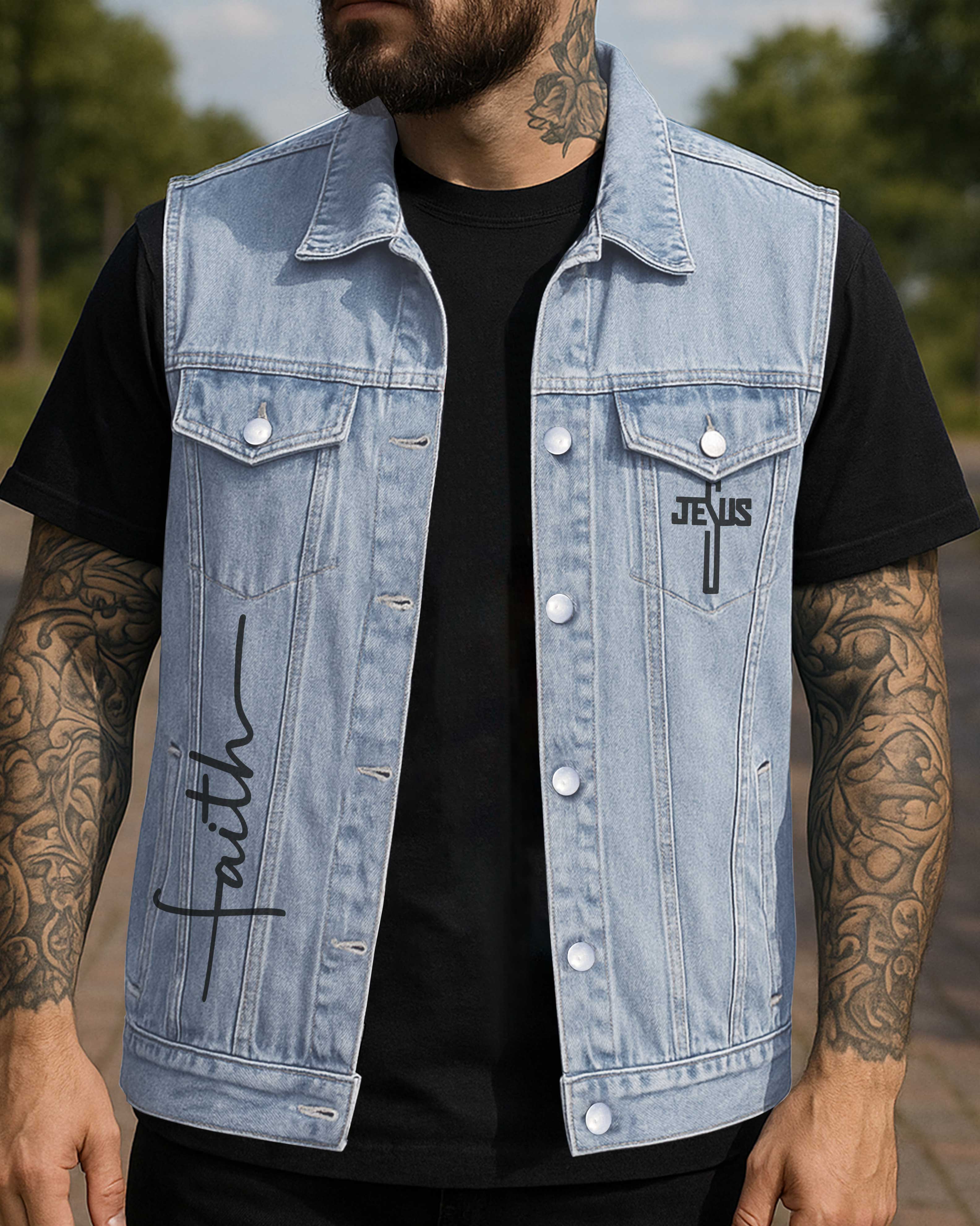 As Long As I Have Breath, I Will Pray Sleeveless Denim Jacket