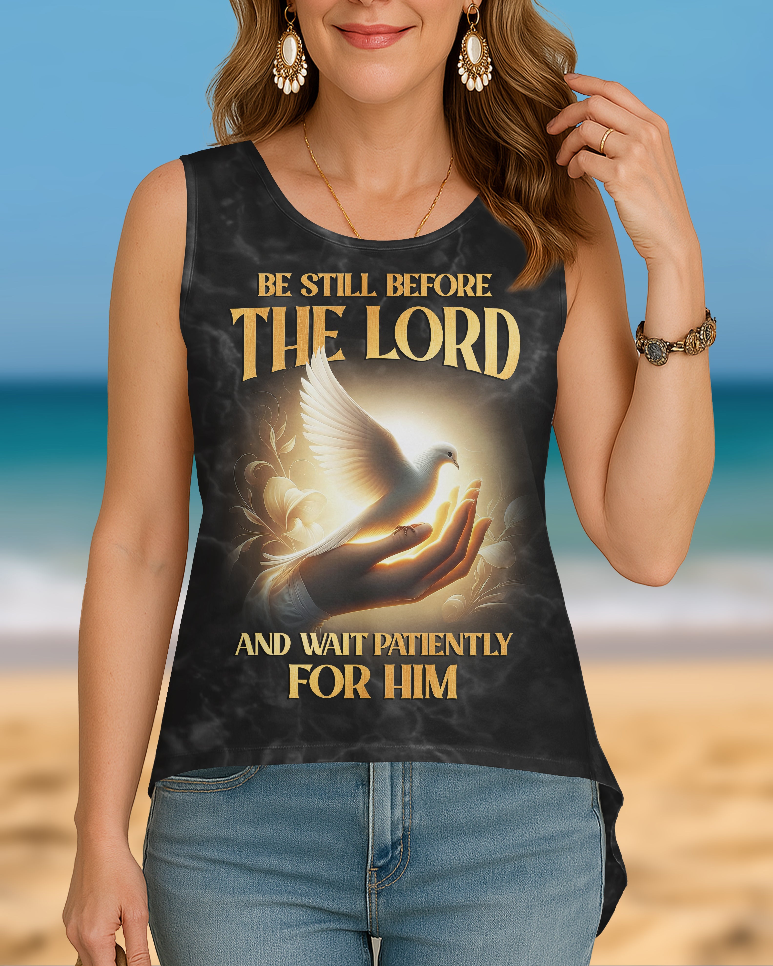 Be Still Before The Lord And Wait Patiently For Him All Over Print Cut Out Wrap Back Tank Top