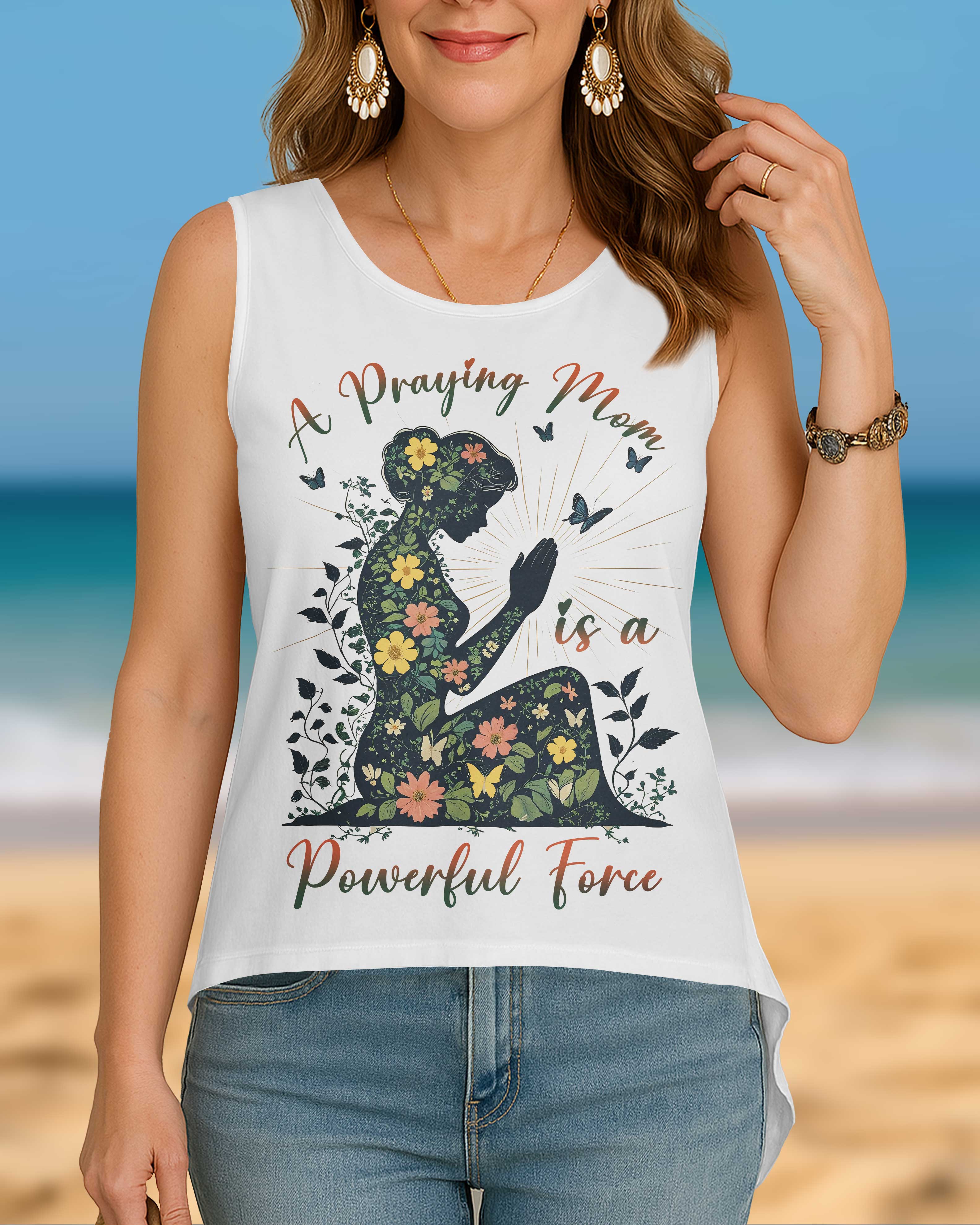 A Praying Mom is a Powerful Force Cut Out Wrap Back Tank Top
