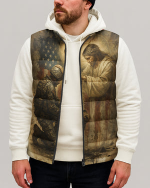 When God's Warriors Go Down On Their Knees The Battle Is Not Over It Has Just Begun All Over Print Sleeveless Puffer Jacket