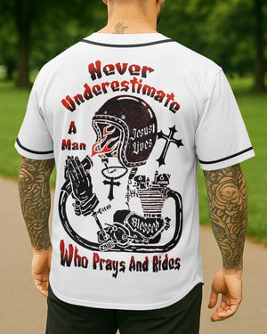 Never Underestimate A Man Who Prays And Rides All Over Print Jersey