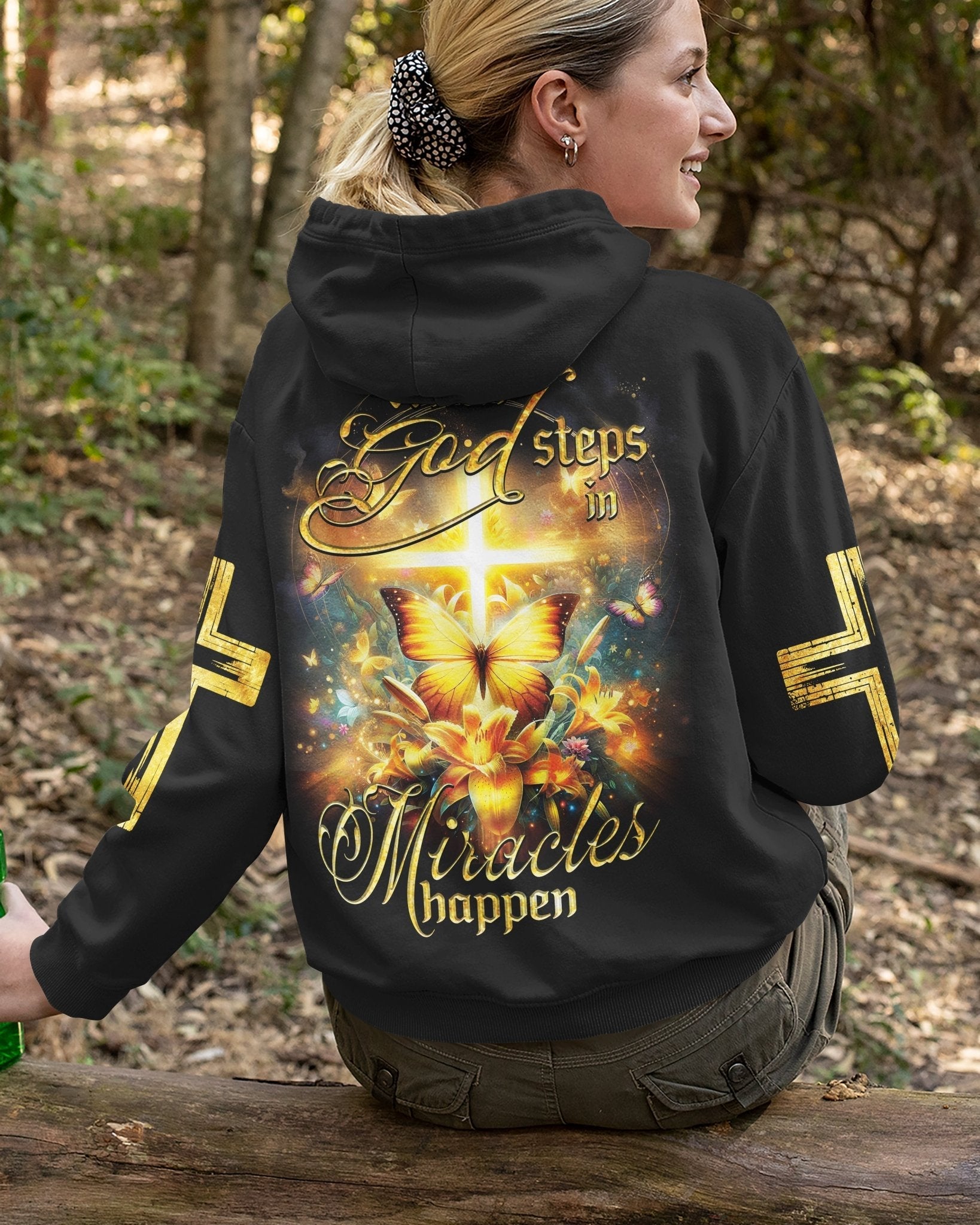 God Steps In Miracles Happen All Over Print Zip Hoodie