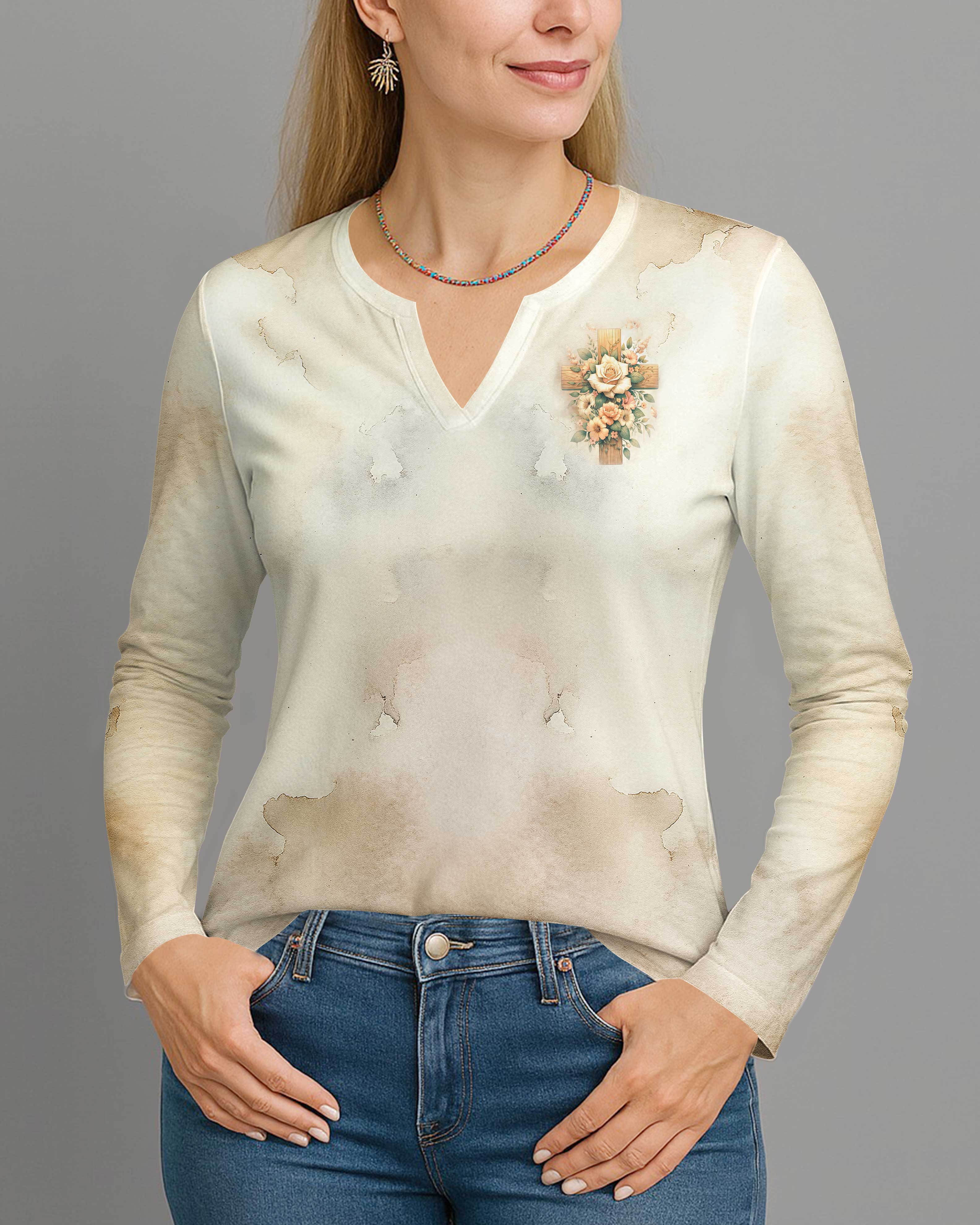 She Walks With Jesus All Over Print V-neck Long Sleeves Shirt