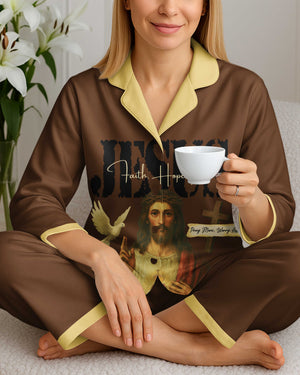 Jesus Faith Hope Pray More Worry Less Lightweight Button Pajamas