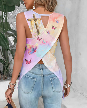 God Is Within Her She Will Not Fall All Over Print Cut Out Wrap Back Tank Top