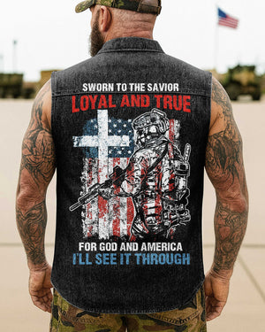 Sworn To The Savior  Sleevesless Denim Shirt