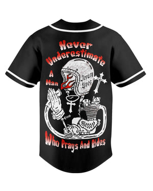 Never Underestimate A Man Who Prays And Rides All Over Print Jersey