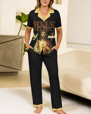 Jesus Faith Hope Pray More Worry Less Lightweight Button Pajamas