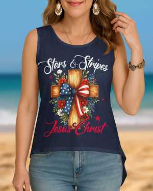 Stars And Stripes Jesus Christ Crop Out Wrap Back Tank Top