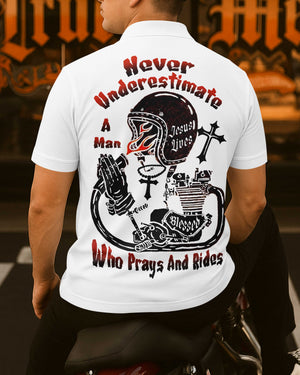 Never Underestimate A Man Who Prays And Rides All Over Print Polo