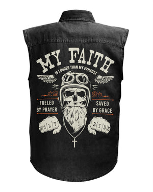 My Faith Is Louder Sleevesless Denim Shirt