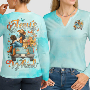 Jesus Take The Wheel All Over Print V-neck Long Sleeves Shirt