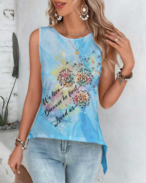 We Love Because He First Loved Us All Over Print Cut Out Wrap Back Tank Top